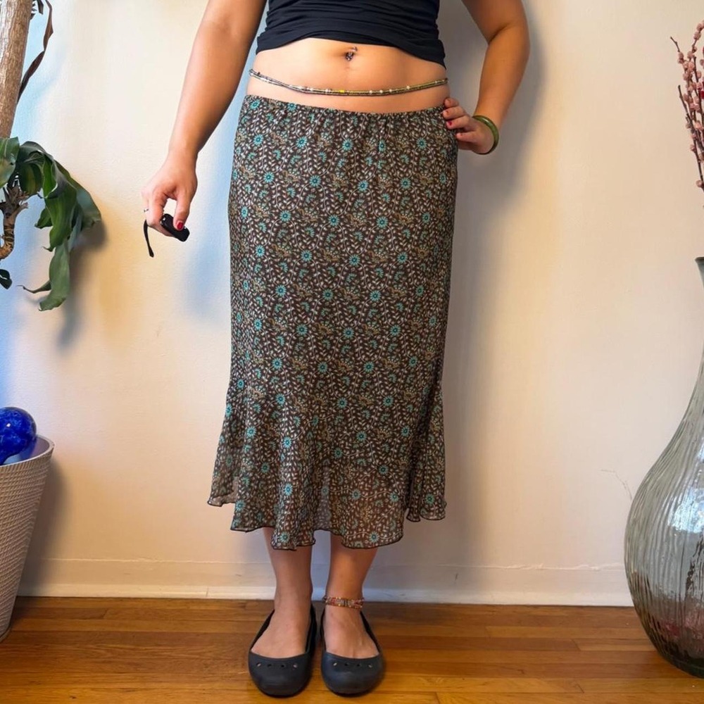 Dressbarn Woman Y2K Lowrise Brown Teal Mermaid Midi Skirt Floral Plus Size 18W